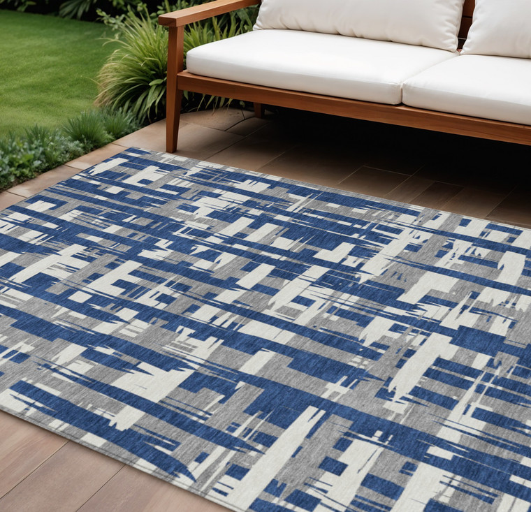 9' X 12' Navy Blue Gray And Ivory Striped Washable Indoor Outdoor Area Rug - Navy Blue, Gray, Ivory