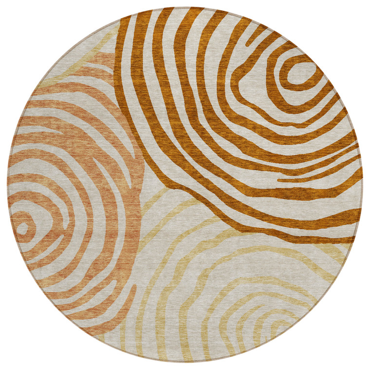 8' Terra Cotta Copper And Gold Round Abstract Washable Indoor Outdoor Area Rug