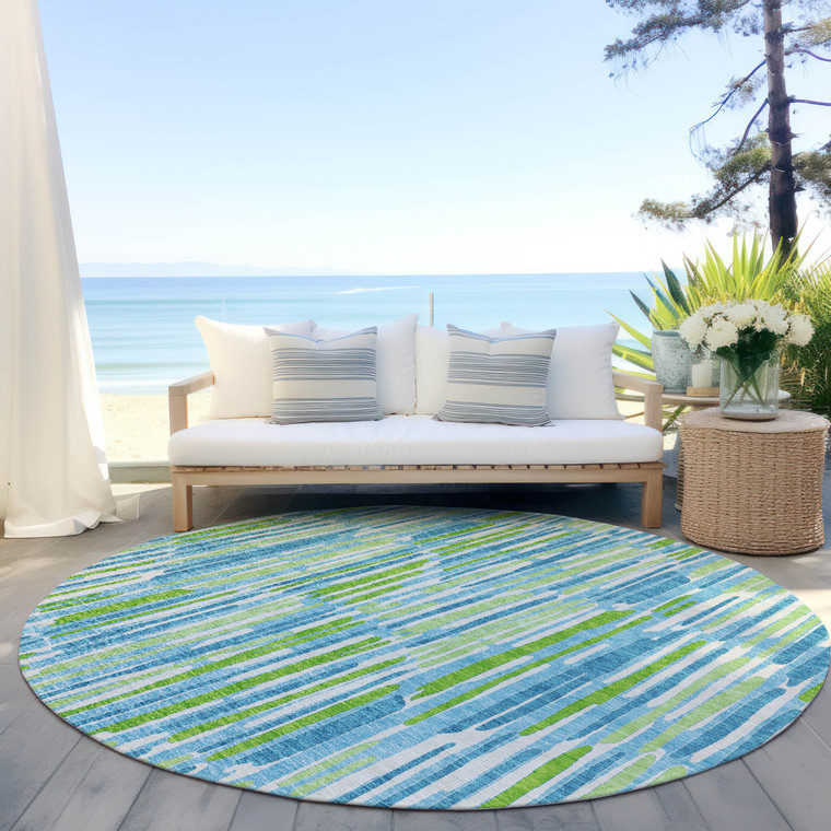 8' Aqua Teal Blue And Lime Green Round Abstract Washable Indoor Outdoor Area Rug