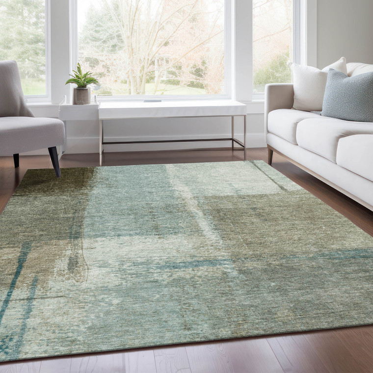 9' X 12' Pale Aqua And Beige Abstract Washable Indoor Outdoor Area Rug