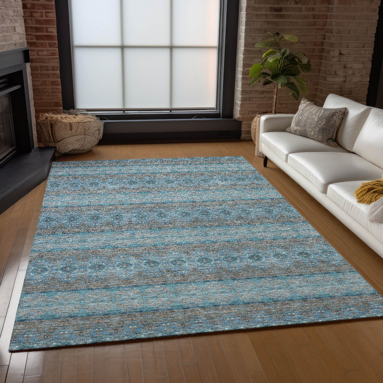 10' X 14' Teal Blue Aqua And Gray Floral Medallion Washable Indoor Outdoor Area Rug