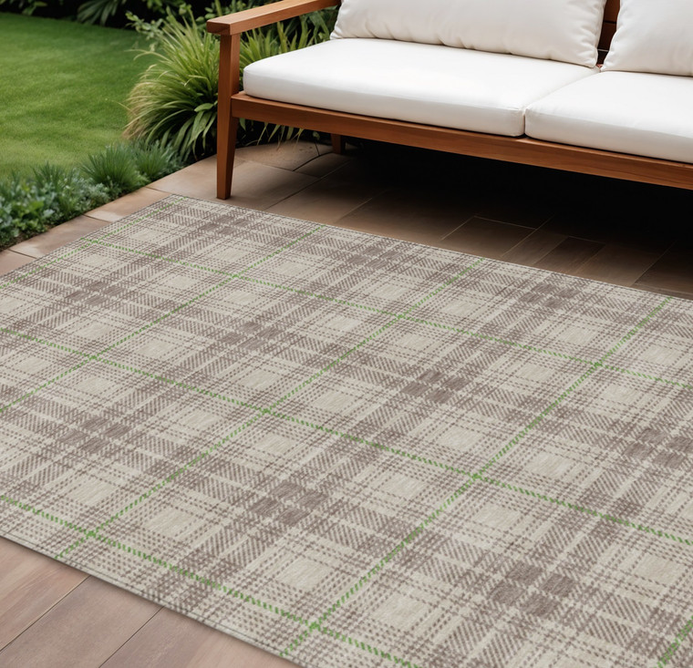 8' X 10' Beige Ivory And Green Plaid Washable Indoor Outdoor Area Rug