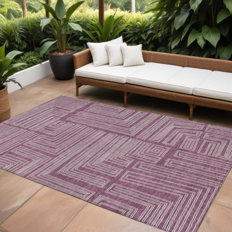 8' X 10' Eggplant And Ivory Geometric Washable Indoor Outdoor Area Rug