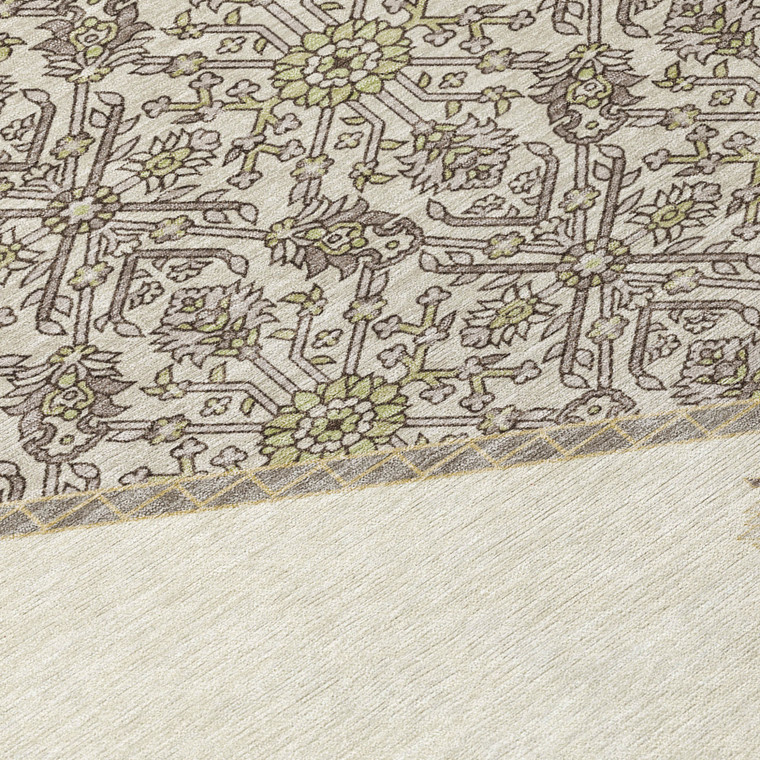 8' Ivory Beige And Gray Round Oriental Washable Indoor Outdoor Area Rug Traditional Style - Ivory, Beige, Gray Color