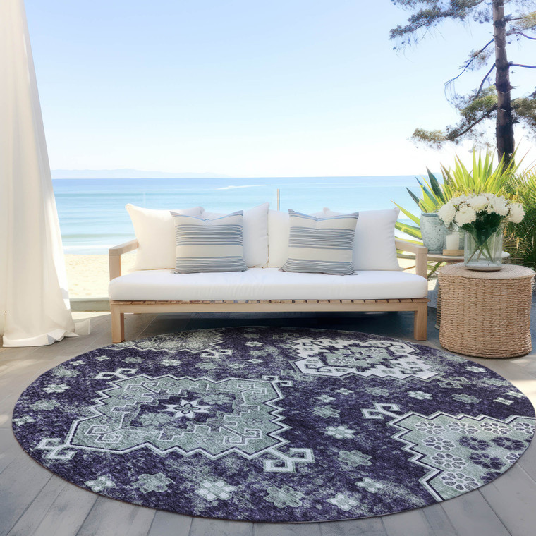 8' Purple Eggplant And Sage Round Medallion Washable Indoor Outdoor Area Rug