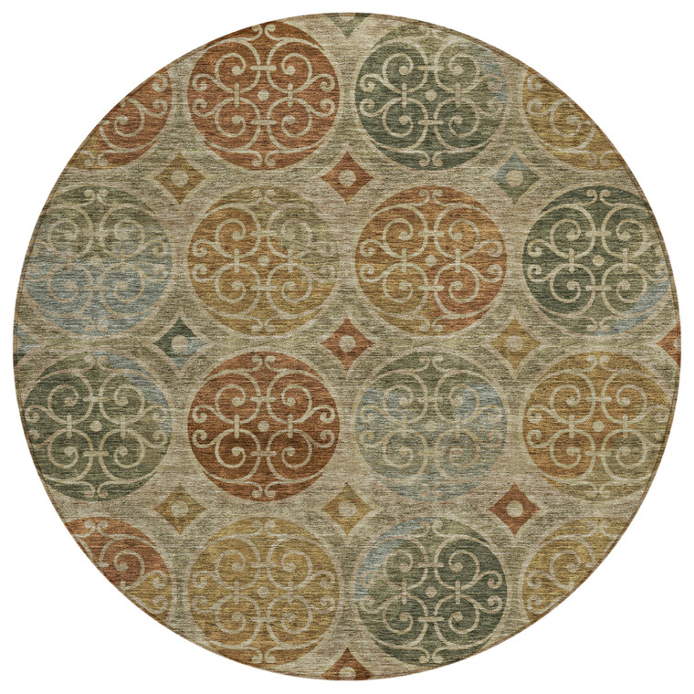 8' Taupe Green And Gold Round Trellis Washable Indoor Outdoor Area Rug