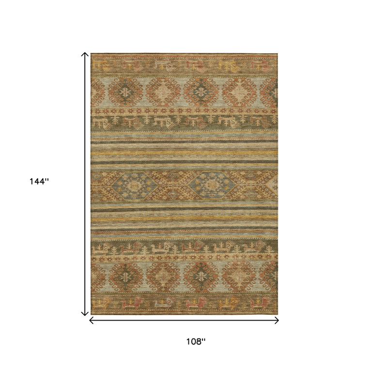 9' X 12' Beige Taupe And Gold Tribal Washable Indoor Outdoor Area Rug