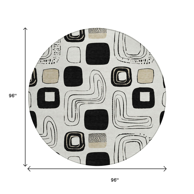 8' Ivory Black And Beige Round Geometric Washable Indoor Outdoor Area Rug