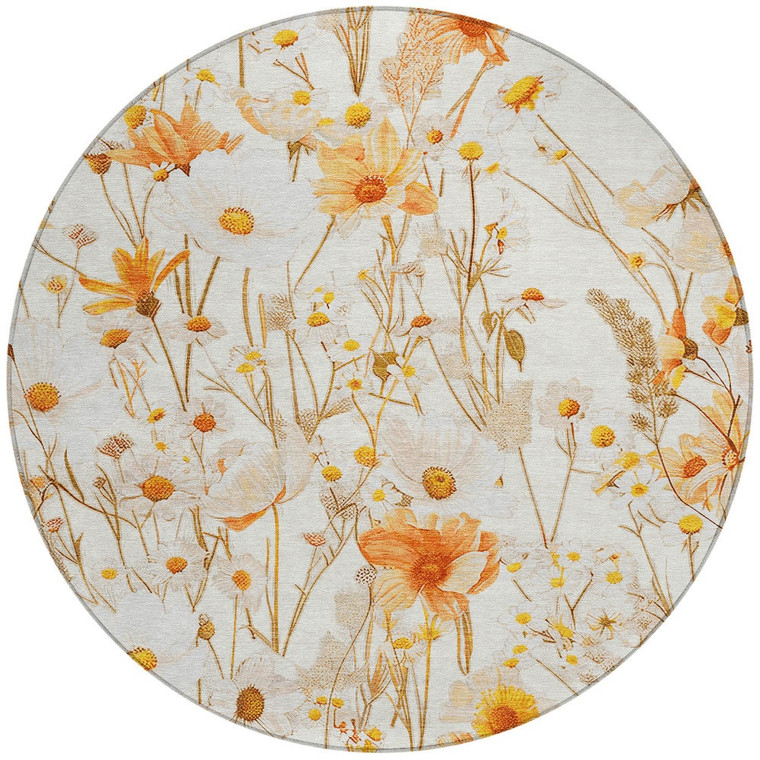 8' Ivory And Beige Round Floral Washable Indoor Outdoor Area Rug - 880016728910