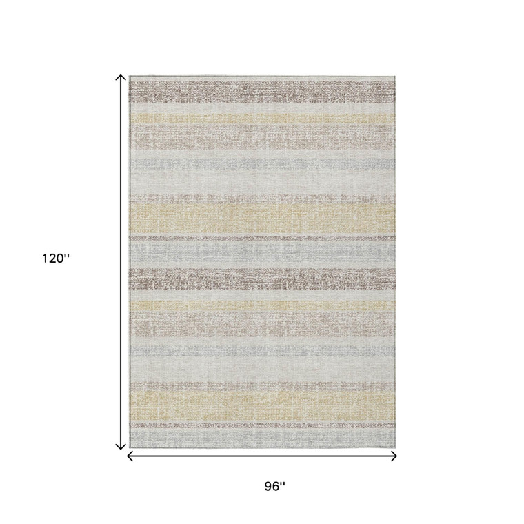 8' X 10' Ivory And Beige Striped Washable Indoor Outdoor Area Rug - Ivory, Beige