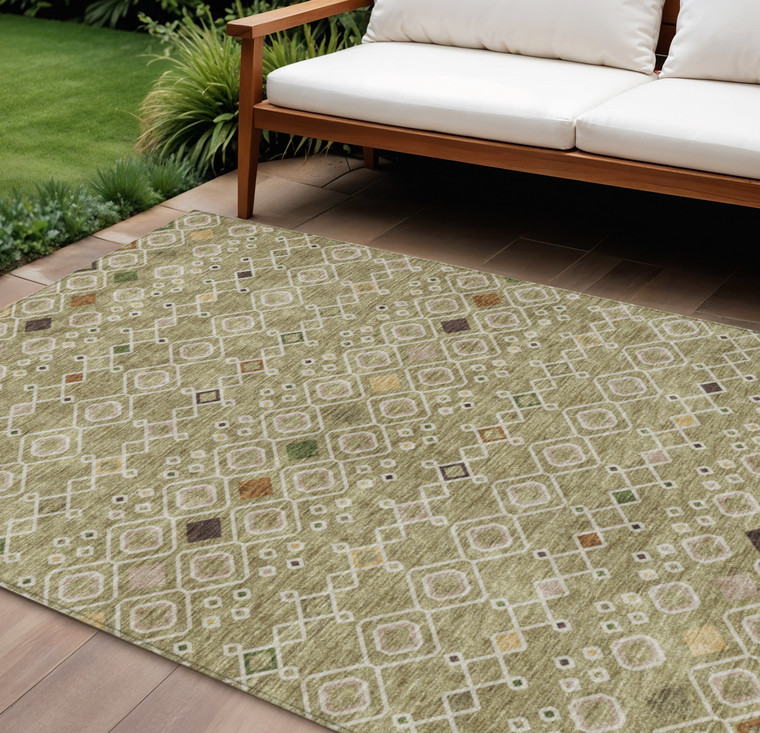 8' X 10' Sage Ivory And Beige Geometric Washable Indoor Outdoor Area Rug