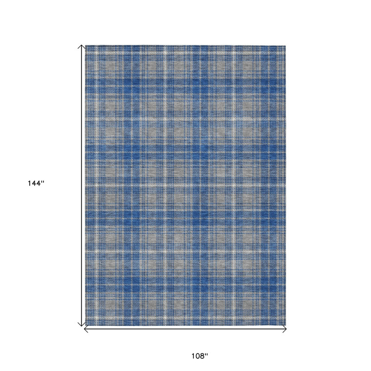 9' X 12' Gray Blue And Ivory Plaid Washable Indoor Outdoor Area Rug