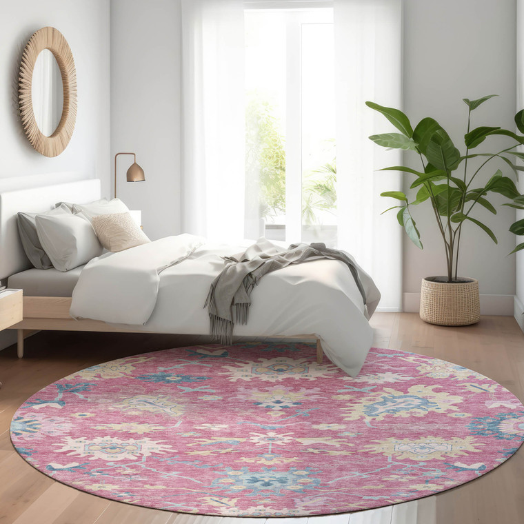 8' Pink Ivory And Denim Blue Round Floral Washable Indoor Outdoor Area Rug