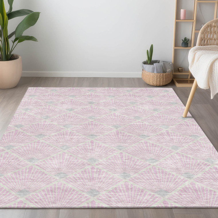 9' X 12' Pink Gray And Ivory Geometric Washable Indoor Outdoor Area Rug - Pink, Gray, Ivory