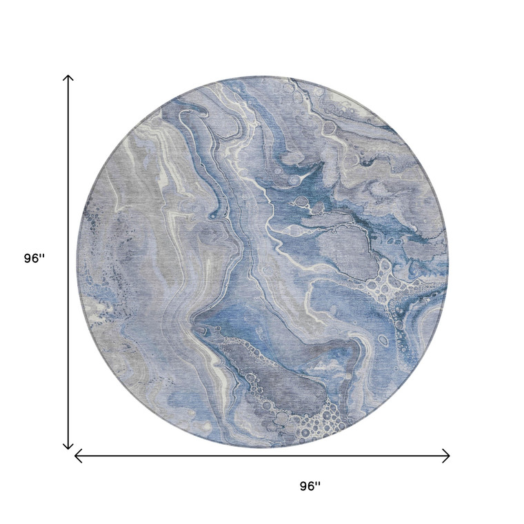 8' Denim Blue And Ivory Round Abstract Washable Indoor Outdoor Area Rug - Denim Blue, Ivory