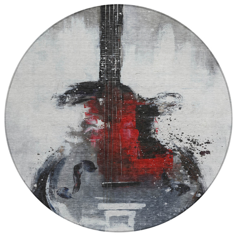 8' Gray Charcoal And Red Round Abstract Washable Indoor Outdoor Area Rug