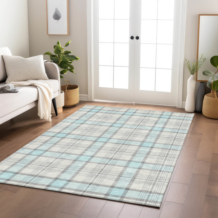 8' X 10' Sky Blue And Gray Plaid Washable Indoor Outdoor Area Rug - 608219174149