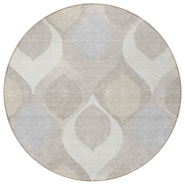 8' Ivory Beige And Tan Round Ogee Washable Indoor Outdoor Area Rug