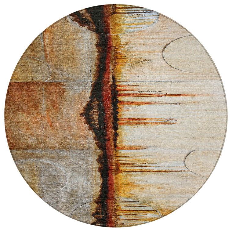 8' Rust And Charcoal Round Abstract Washable Indoor Outdoor Area Rug
