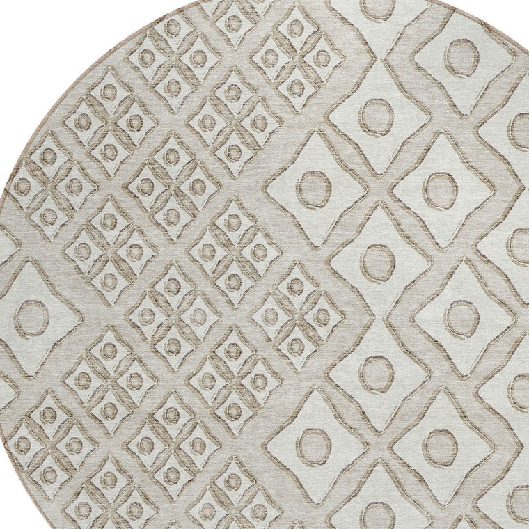 8' Beige And Ivory Round Geometric Washable Indoor Outdoor Area Rug - Beige, Ivory