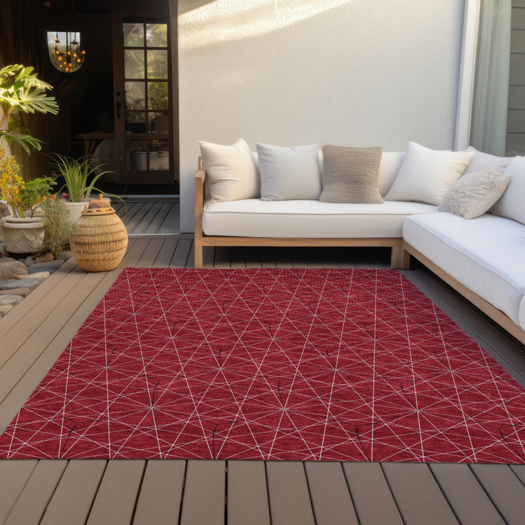 10' X 14' Red Black And Ivory Geometric Washable Indoor Outdoor Area Rug