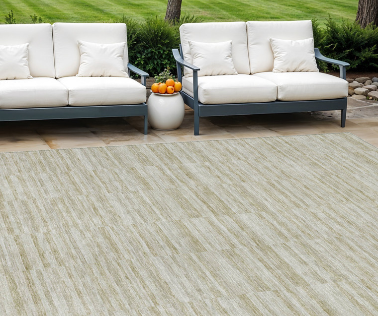 9' X 12' Taupe Beige And Tan Striped Washable Indoor Outdoor Area Rug