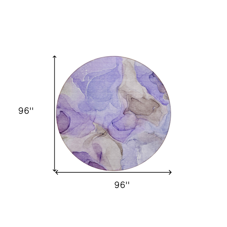 8' Round Gray and Purple Round Abstract Washable Non Skid Indoor Outdoor Area Rug