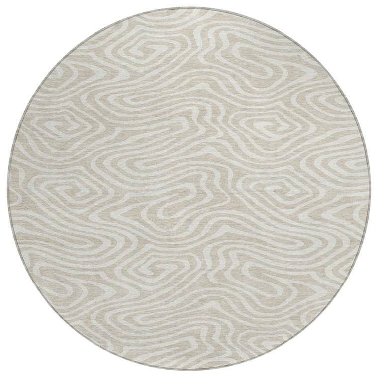 8' Beige And Linen Round Abstract Washable Indoor Outdoor Area Rug