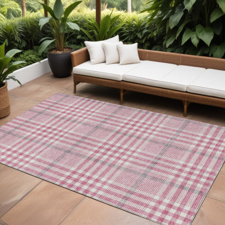 9' X 12' Blush Gray And Ivory Plaid Washable Indoor Outdoor Area Rug