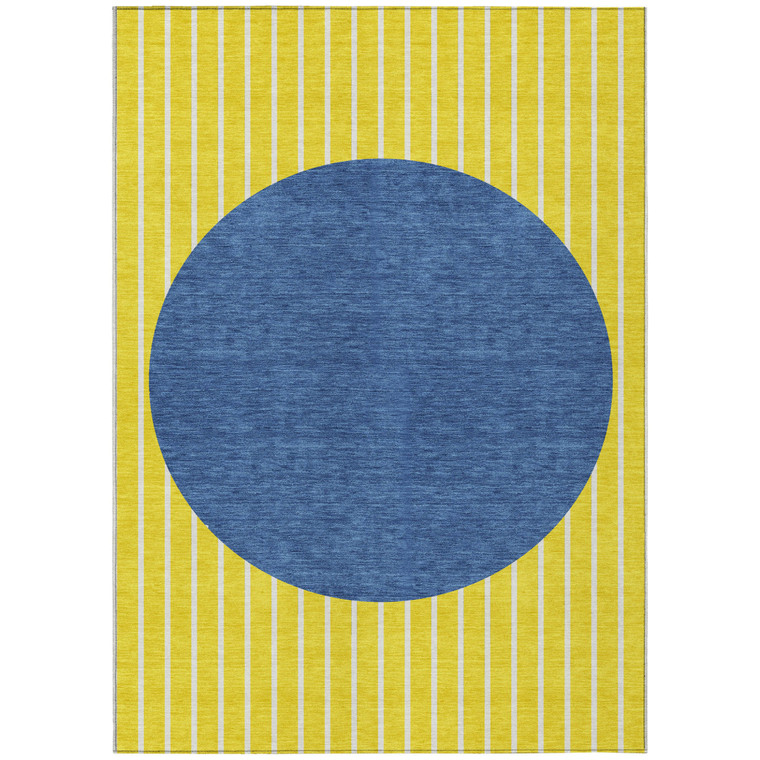 10' X 14' Yellow And Blue Striped Washable Indoor Outdoor Area Rug
