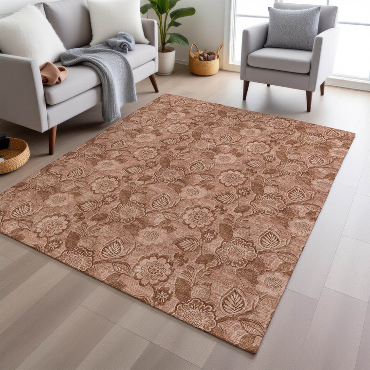 9' X 12' Terra Cotta And Copper Floral Washable Indoor Outdoor Area Rug