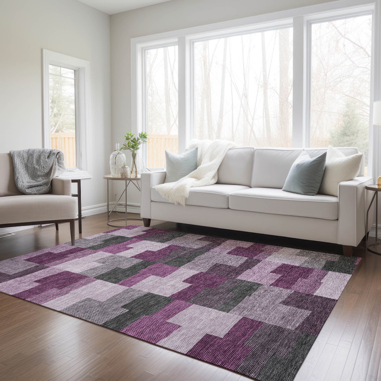 10' X 14' Merlot Mauve And Charcoal Geometric Washable Indoor Outdoor Area Rug