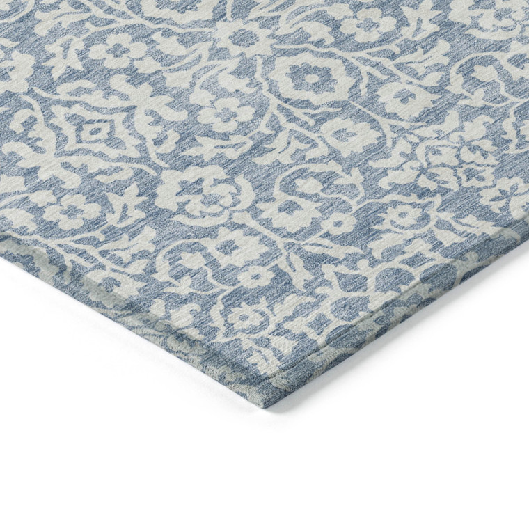10' X 14' Denim Blue And Ivory Damask Washable Indoor Outdoor Area Rug