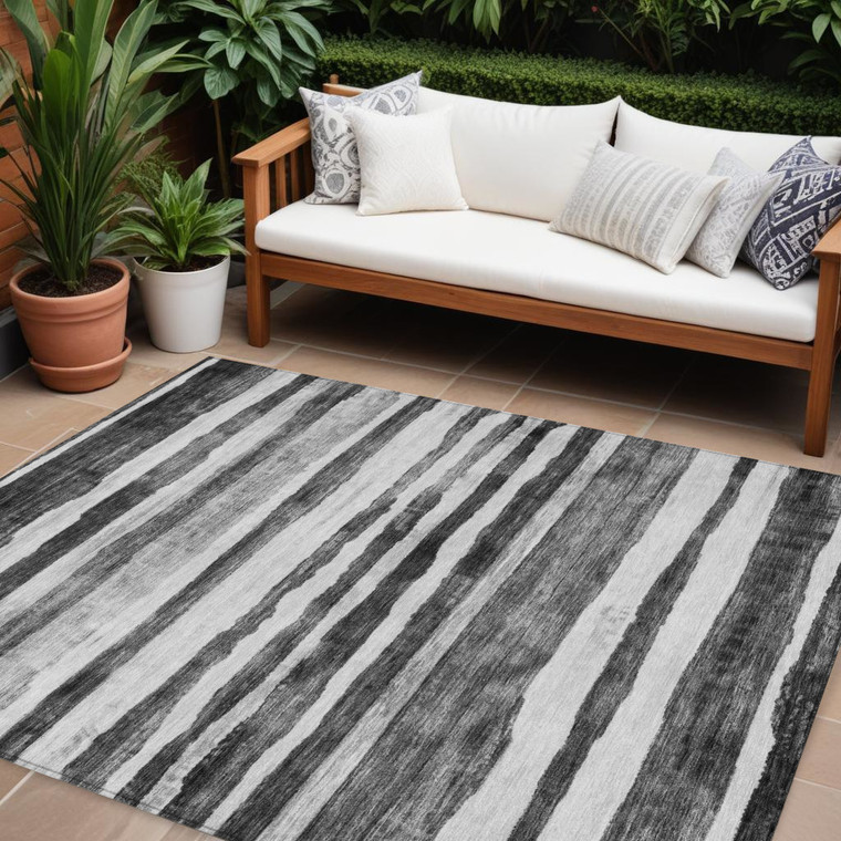 8' X 10' Charcoal And Gray Striped Washable Indoor Outdoor Area Rug