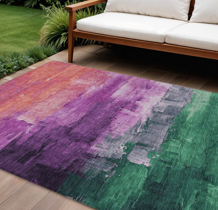 9' X 12' Purple Salmon And Green Abstract Washable Indoor Outdoor Area Rug