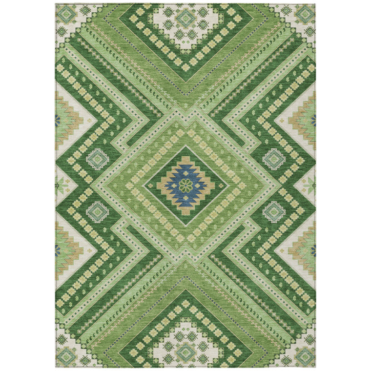 10' X 14' Green Ivory And Beige Tribal Washable Indoor Outdoor Area Rug