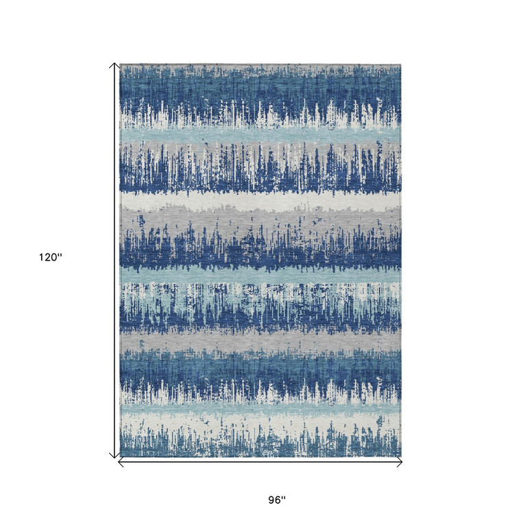 8' X 10' Blue Gray And Ivory Striped Washable Indoor Outdoor Area Rug - Blue, Gray, Ivory