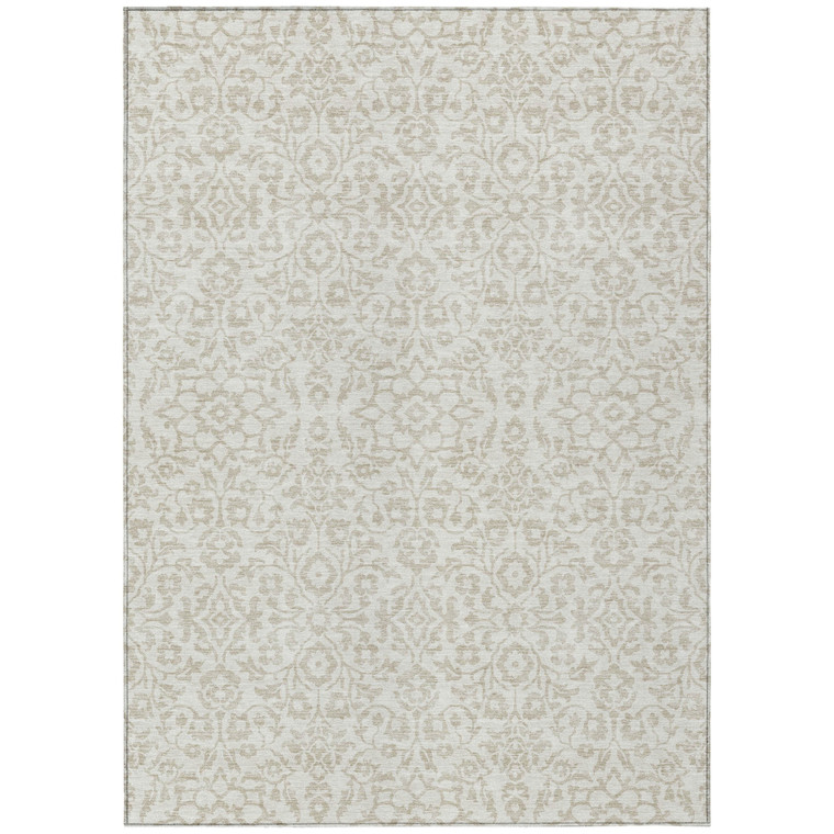 10' X 14' Ivory And Beige Damask Washable Indoor Outdoor Area Rug