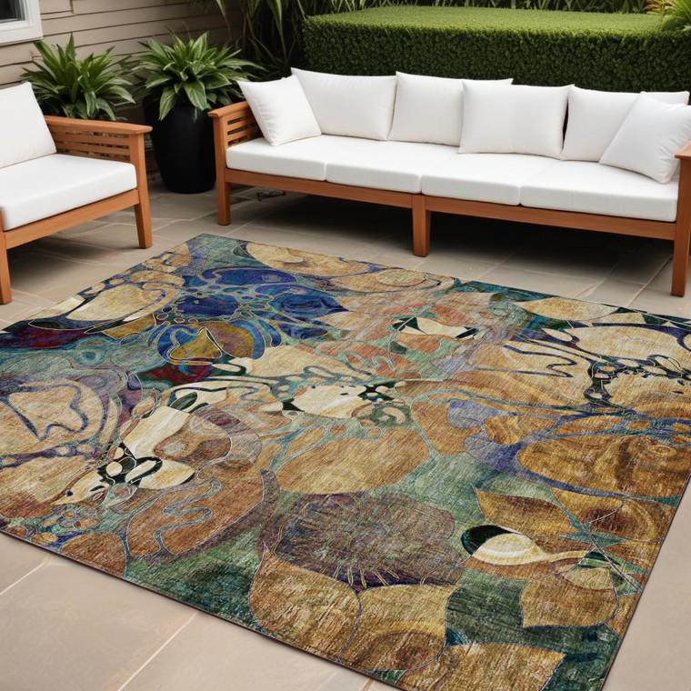 8' X 10' Beige and Blue Abstract Washable Indoor Outdoor Area Rug - Beige, Blue
