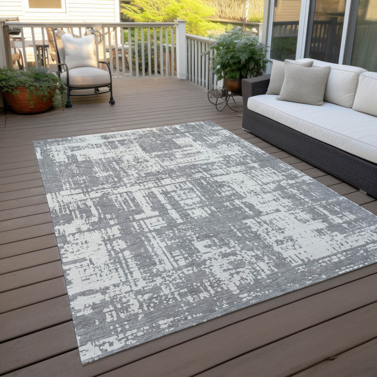 10' X 14' Gray And Ivory Abstract Washable Indoor Outdoor Area Rug Transitional Style - Gray, Ivory Color