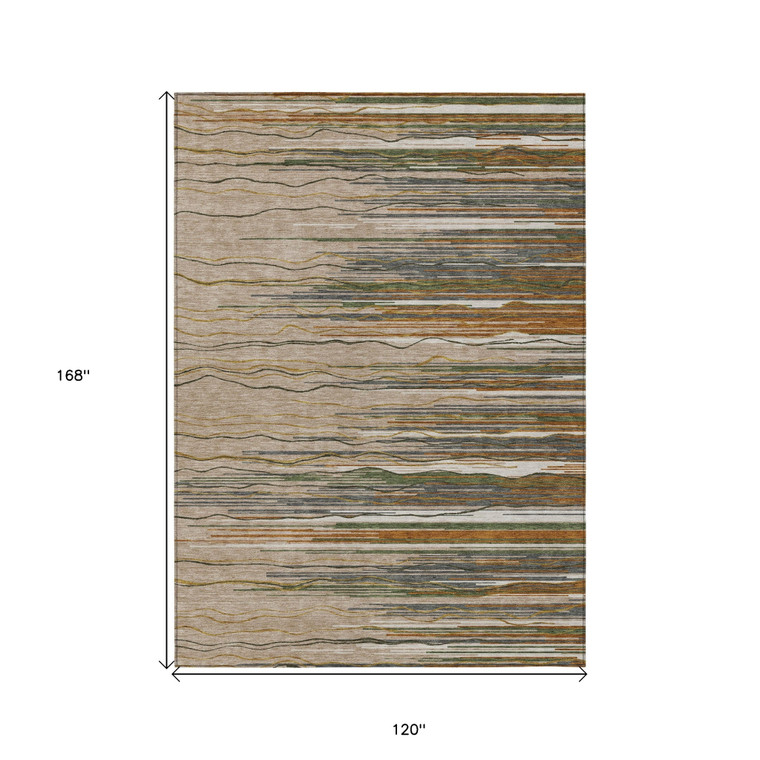 10' X 14' Taupe Copper And Green Striped Washable Indoor Outdoor Area Rug