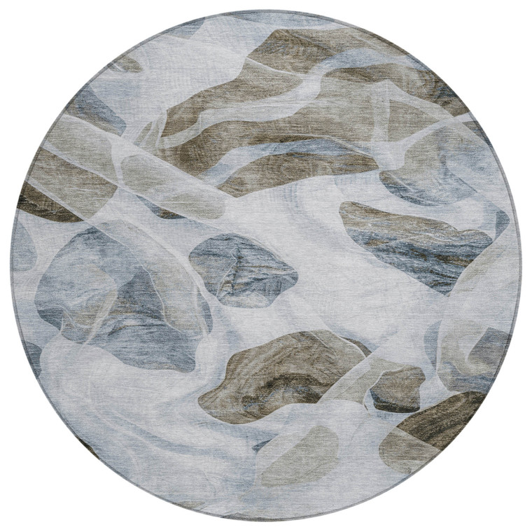 8' Sky Blue And Taupe Round Abstract Washable Indoor Outdoor Area Rug