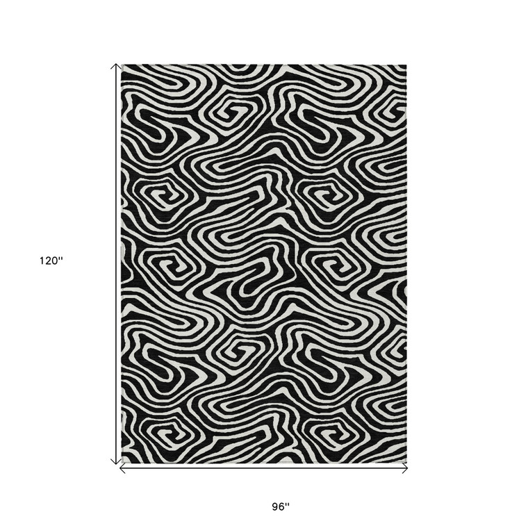 8' X 10' Black And Ivory Abstract Washable Indoor Outdoor Area Rug Transitional Style - Black, Ivory Color