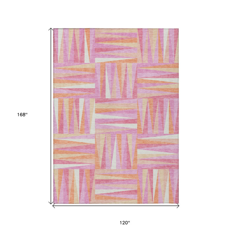 10' X 14' Blush Ivory And Orange Geometric Washable Indoor Outdoor Area Rug