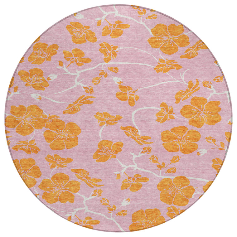 8' Pink And Copper Round Floral Washable Indoor Outdoor Area Rug
