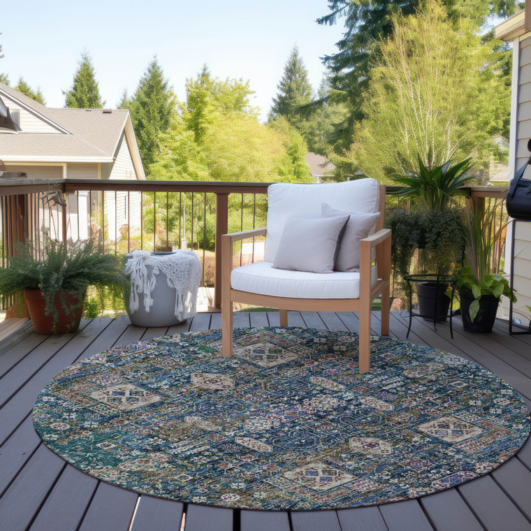 8' Green Navy Blue And Ivory Round Oriental Washable Indoor Outdoor Area Rug