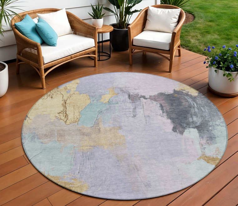 8' Lavender And Gold Round Abstract Washable Indoor Outdoor Area Rug