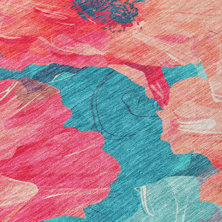 8' Salmon And Teal Blue Round Floral Washable Indoor Outdoor Area Rug