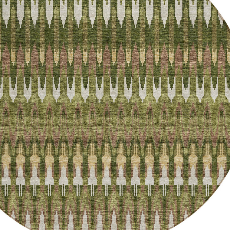 8' Olive Green Brown And Gold Round Southwestern Washable Indoor Outdoor Area Rug
