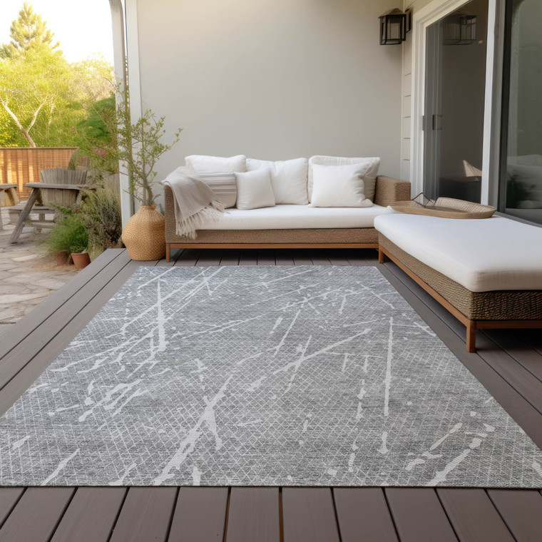 9' X 12' Gray Ivory And Silver Abstract Washable Indoor Outdoor Area Rug